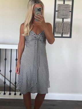 Setre Black and White Striped Twist-Front Midi Dress with rhinestone detail